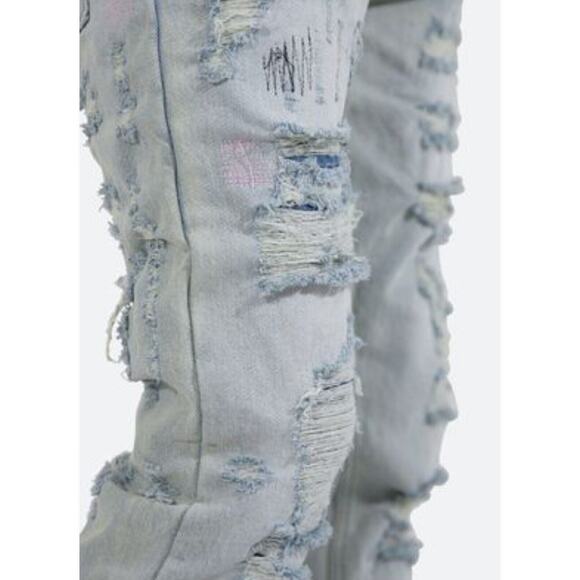 MNML Mens D276 Straight Button Fly Stretch Light Blue Distressed Patch Size 30 - Picture 5 of 6
